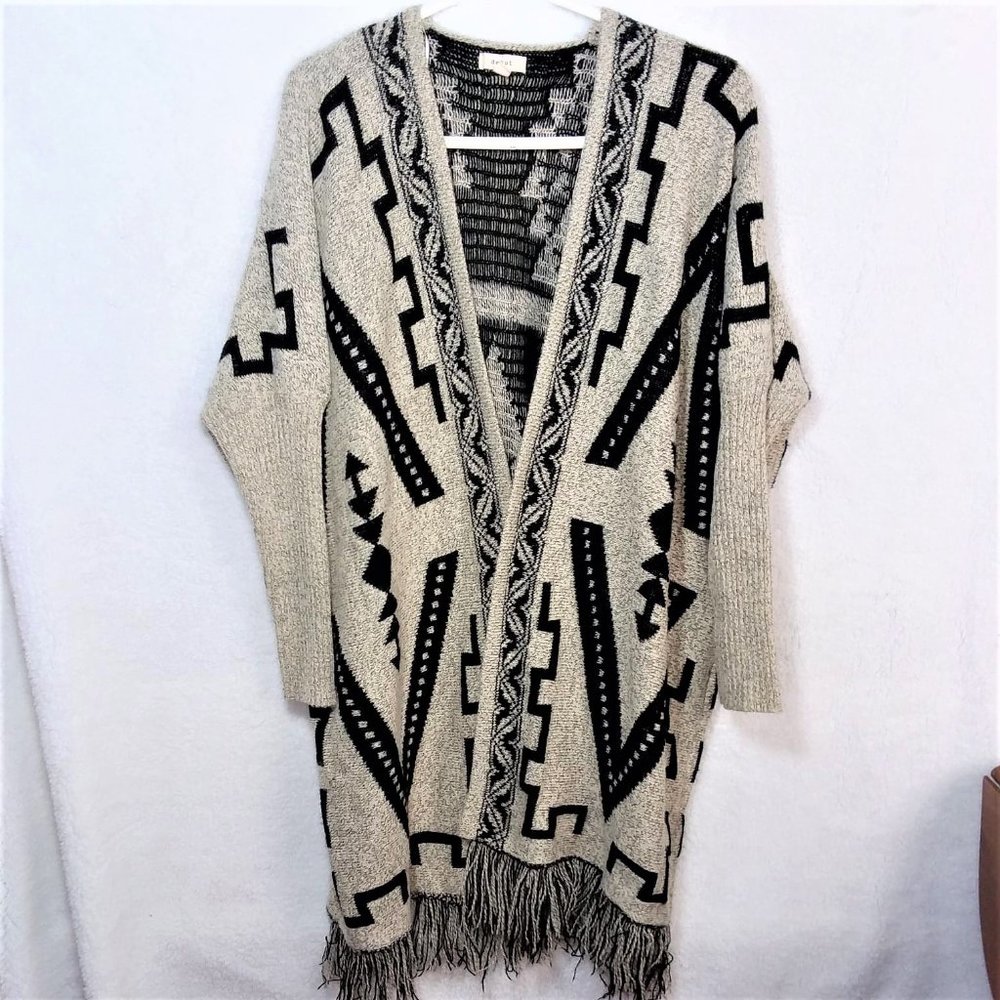 debut Black & Cream Aztec Fringe Open Knit Cardigan